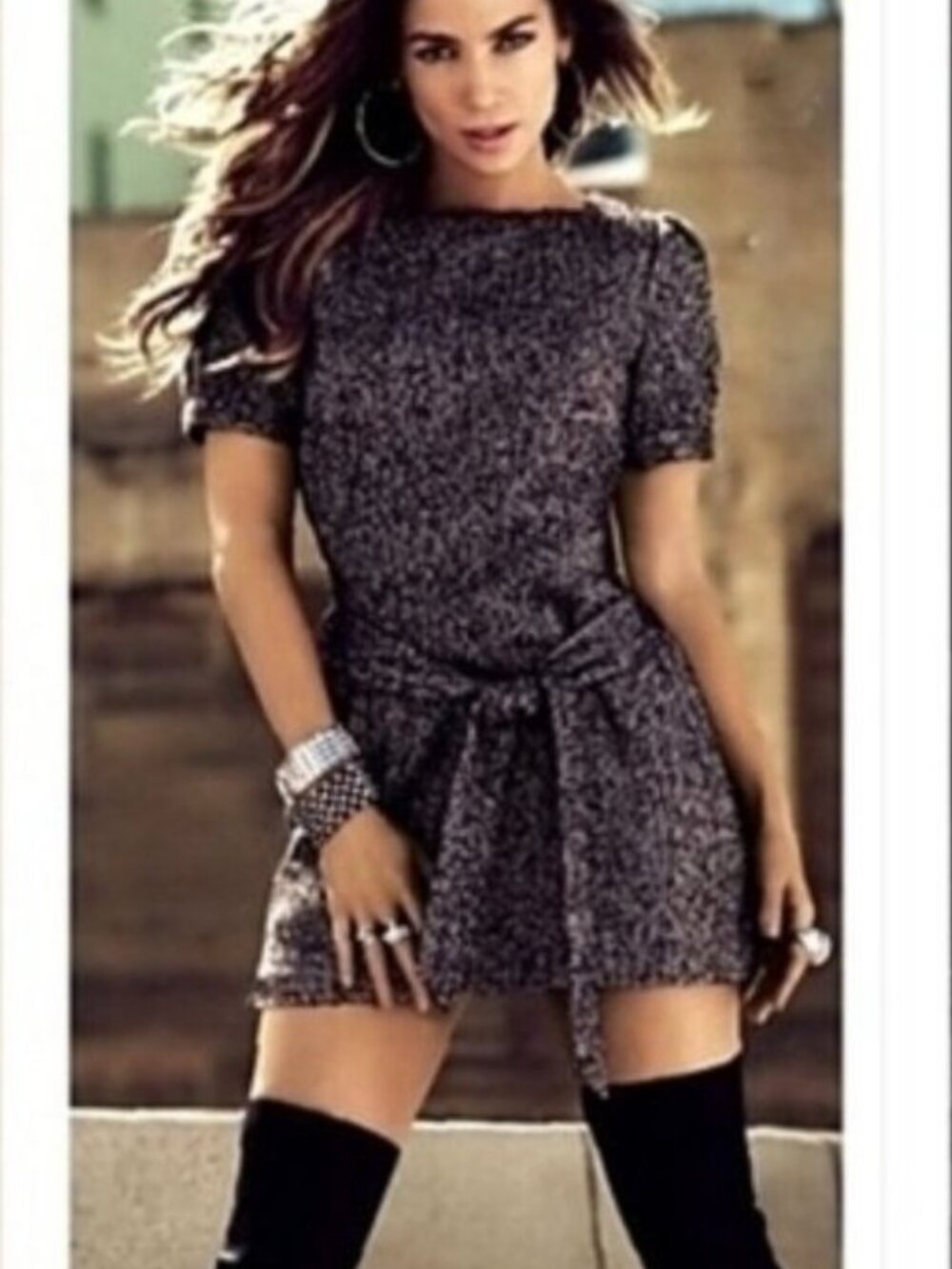 Jennifer Lopez 2011 Metallic Tweed Belted Tunic Dress S Puff Sleeve